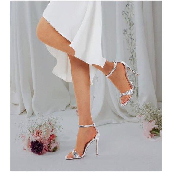 Womens Silver 8.5" Glitter Stiletto 4" Strappy High Heels Sandal Ankle Strap - Picture 3 of 16